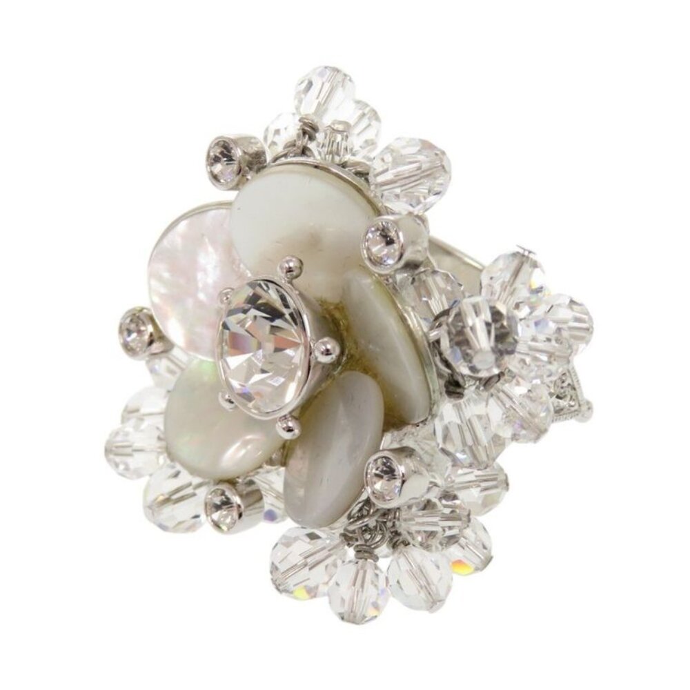 Christian Dior Vintage Flower Motif Metal Crystal Size 11 Silver Ring 1388